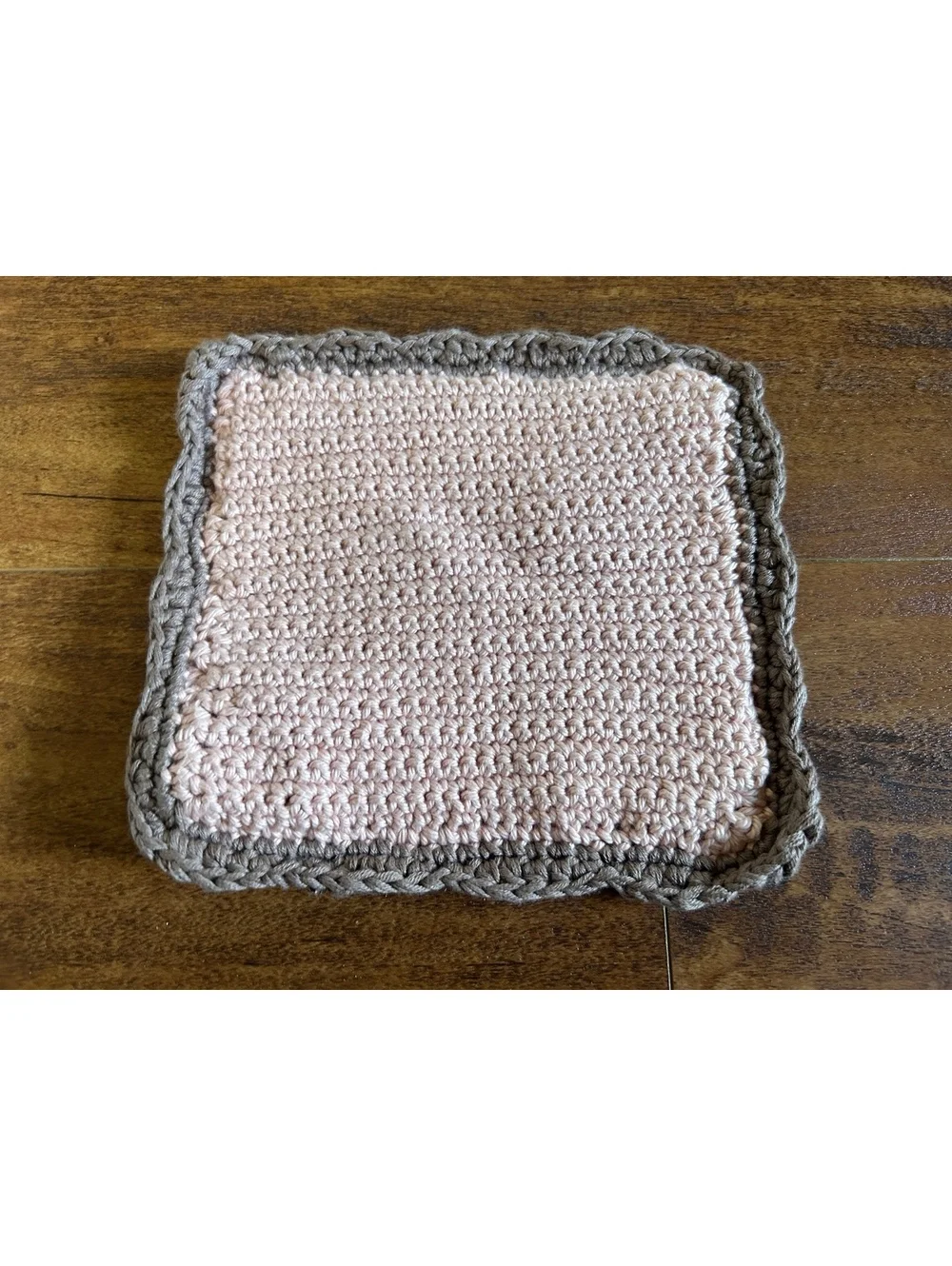 Handmade Crochet Pink and Taupe Square Coaster with Flower Accent